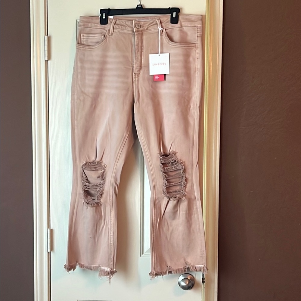 Trendy Distressed Flare Jeans in Tan